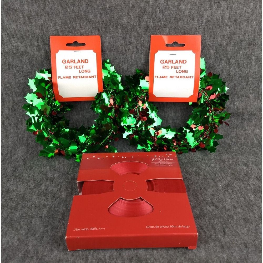 Gift Tye Red‎ Ribbon 3/4" 300Ft Dispenser Box 2 Rolls Christmas Metallic Garland